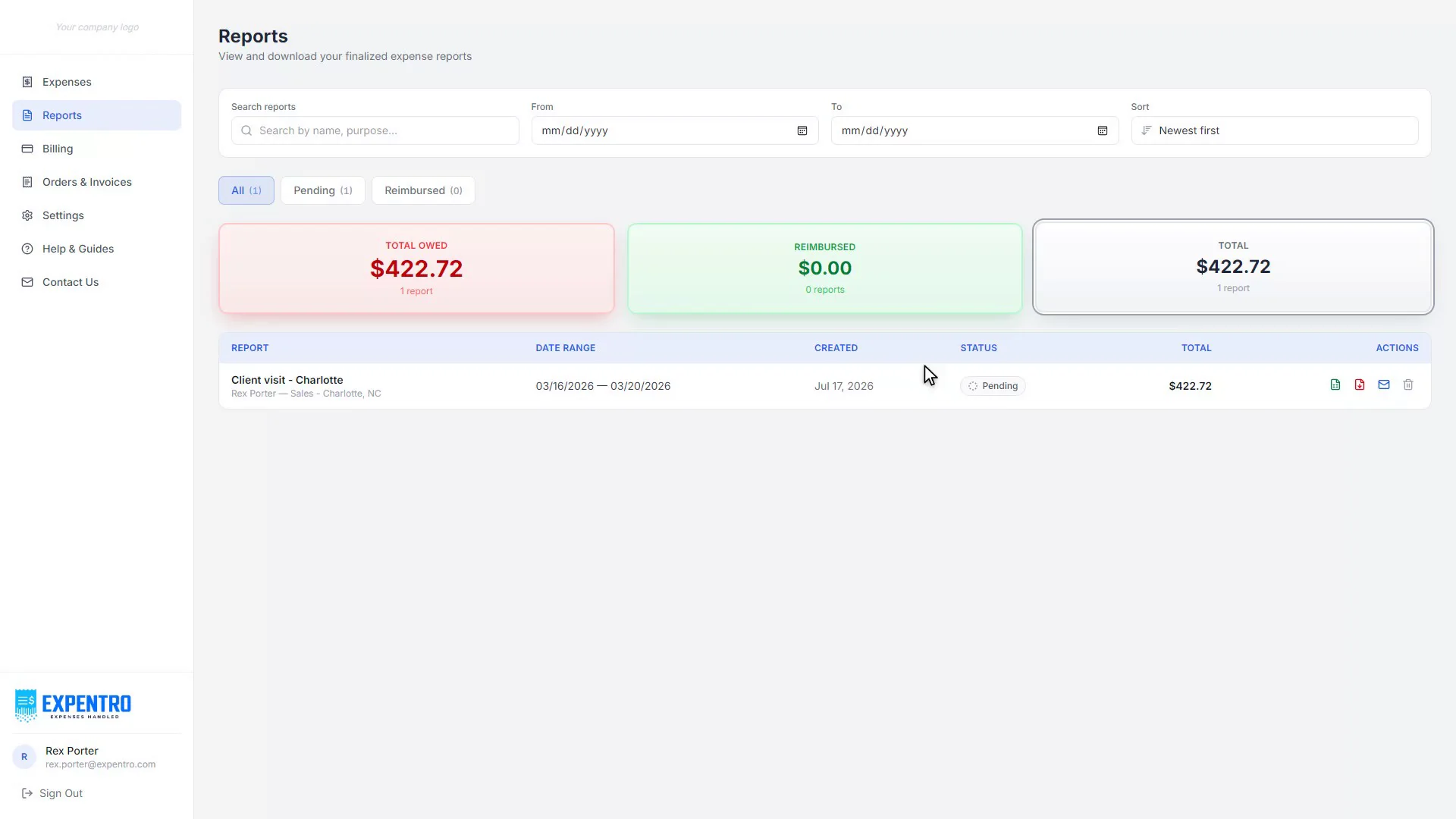 The Expentro Reports page with a finalized expense report and Excel, PDF, and email actions