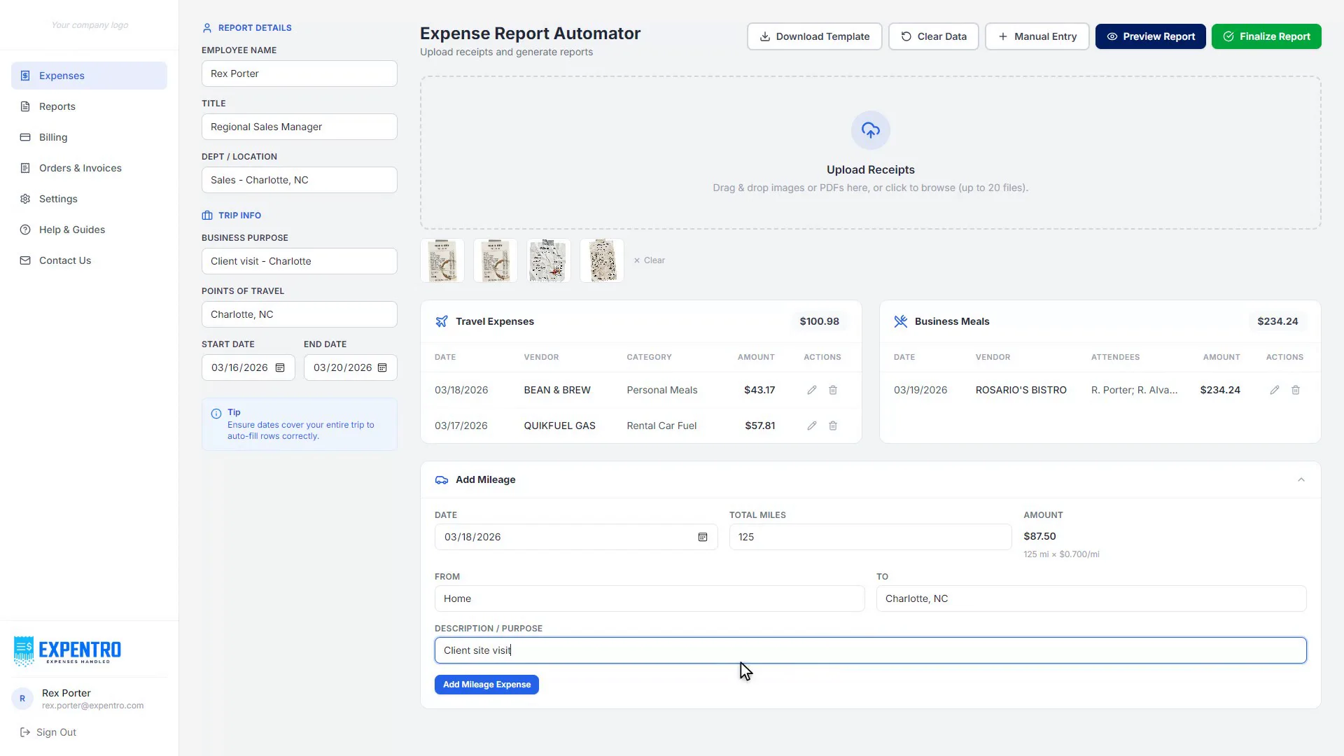 Expentro reviewing a scanned Bean & Brew receipt with AI-extracted date, amount, vendor, and category