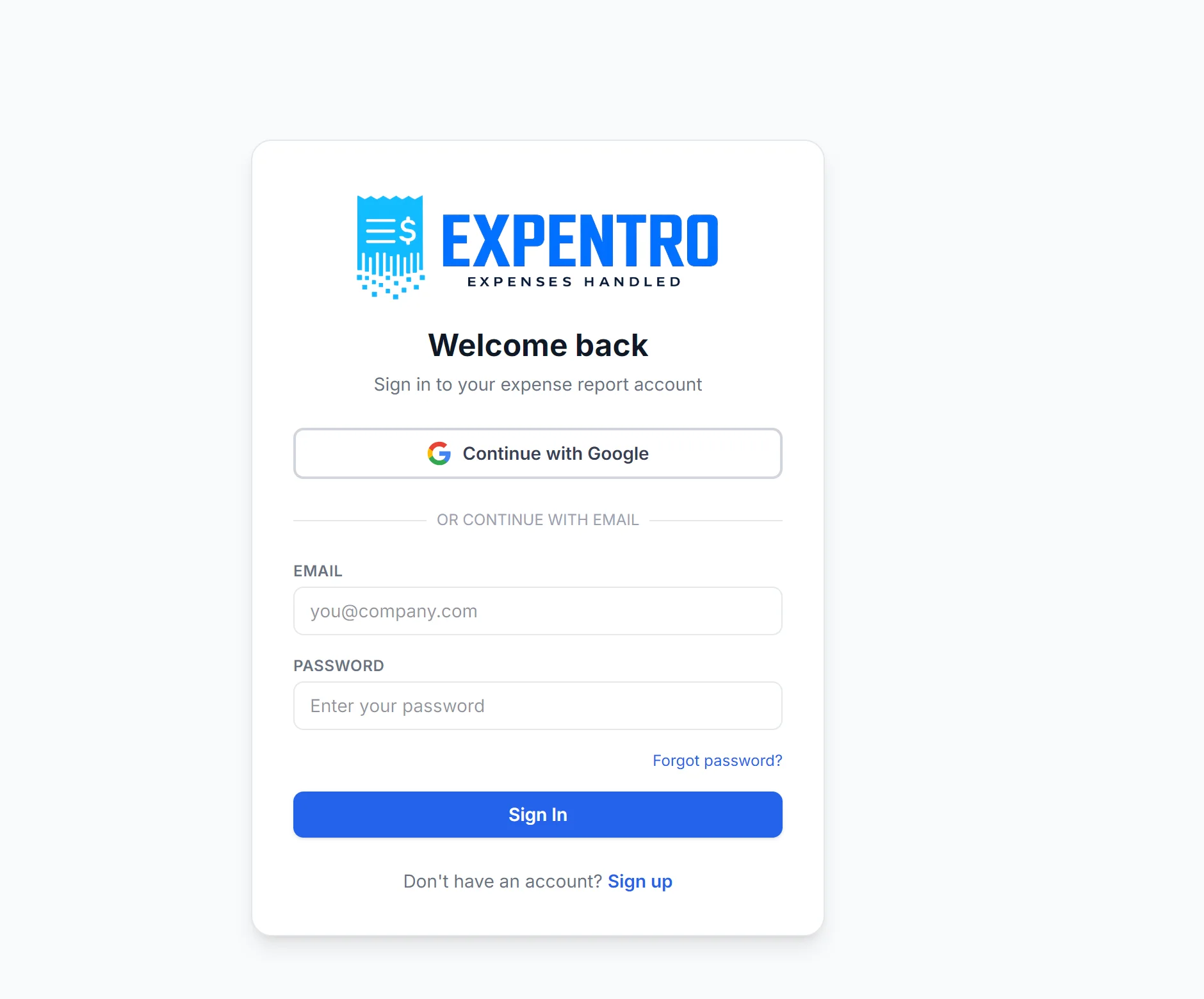 The Expentro sign-in page — the only setup step there is
