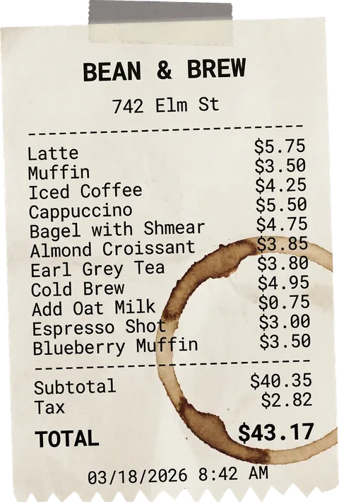 Illustrative Bean & Brew receipt, March 18 2026, total 43 dollars and 17 cents